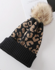 Leopard Beanie with Faux Pom Pom