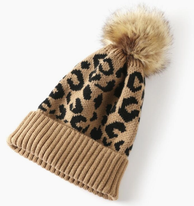Leopard Beanie with Faux Pom Pom