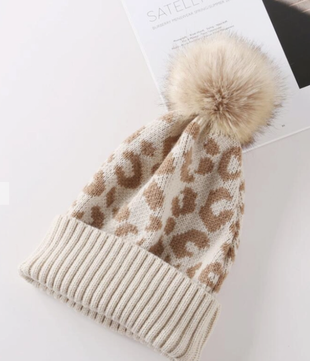 Leopard Beanie with Faux Pom Pom