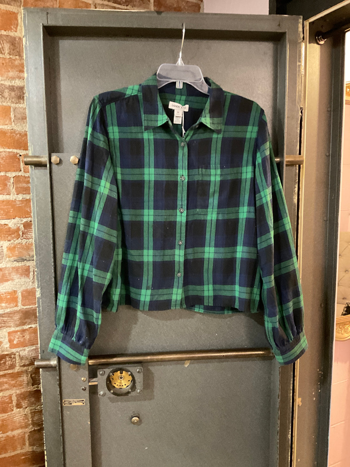 GREEN/NAVY FLANNEL LANDS END 100% Cotton M