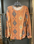 BROWN ORANGE PATTERN BOMBOM LONG SLEEVE SHIRT LARGE