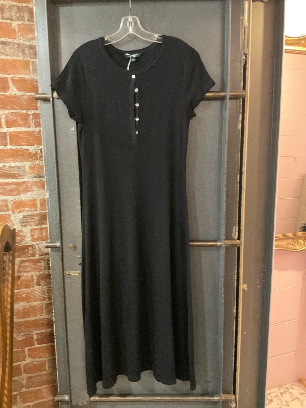 BLACK LAUREN RALPH LAUREN SHORT SLEEVE ANKLE LENGTH BLACK COTTON DRESS L