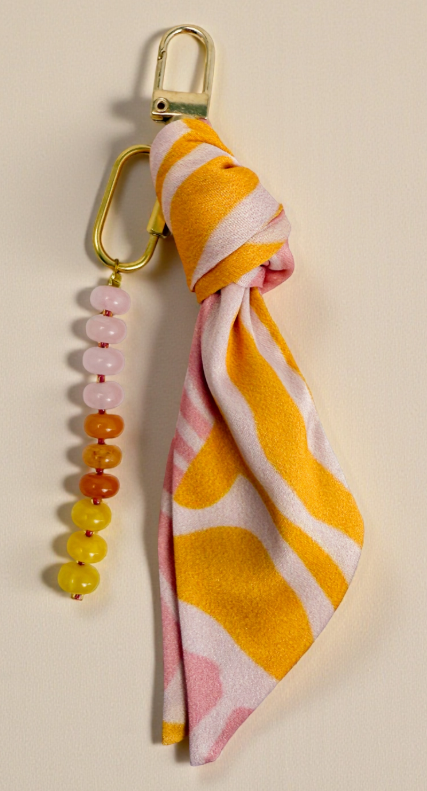 Ethic Goods - Pink Floral Silk &amp; Gemstone Bag Charm