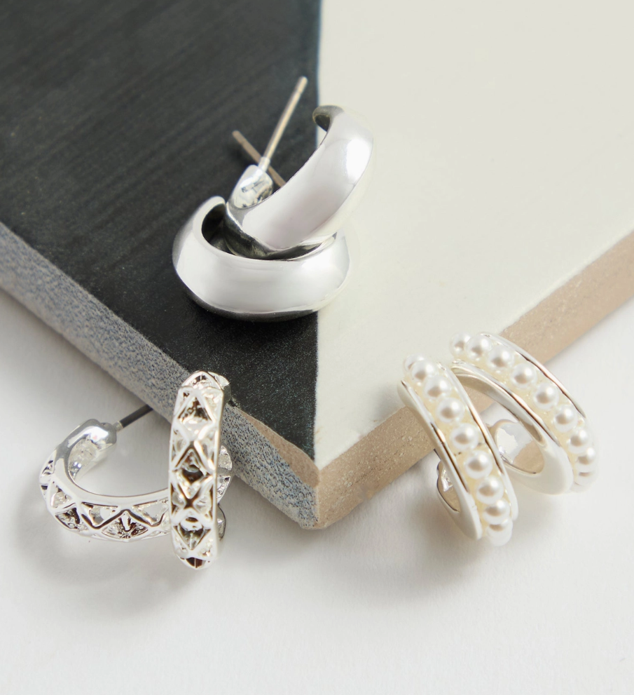 Downeast Silver Mini Hoop and Pearl Earring Trio