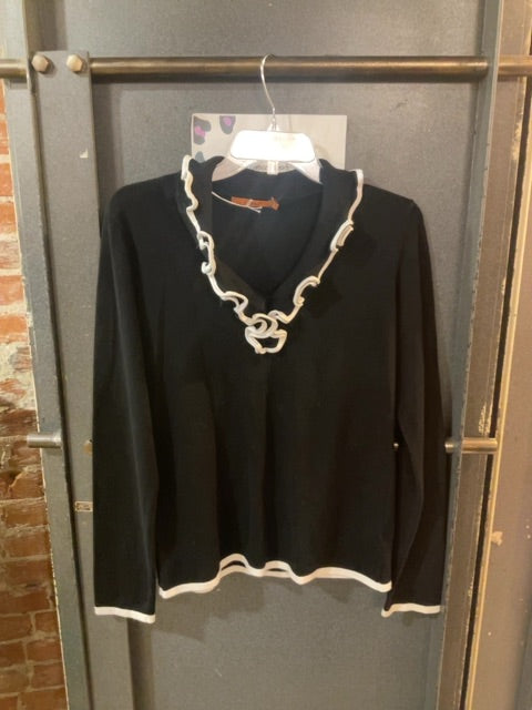BLACK BELLDINI KNIT LONG SLEEVE SHIRT WITH RUFFLED V NECKLINE L
