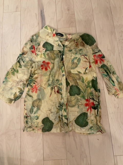 TAN FLORAL CREATION SHEER LONG SLEEVE SHIRT M