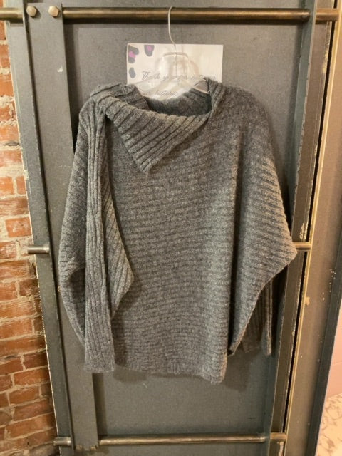 GREY MAX STUDIO SPLIT NECK RIBBED PULLOVER SWEATER L