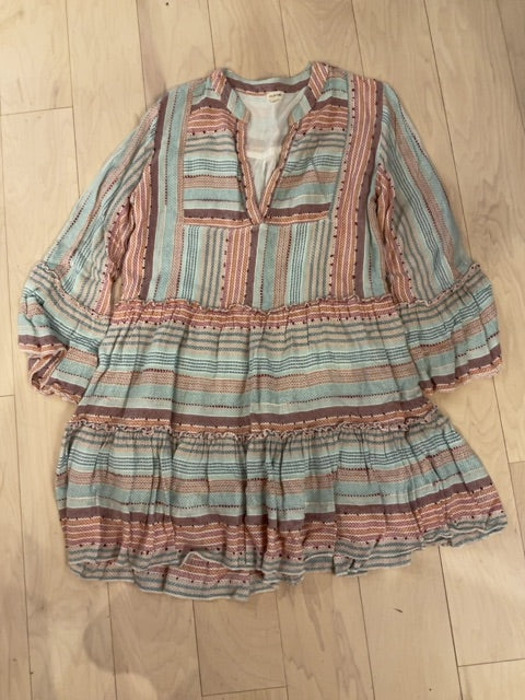 MULTI STRIPE En CRÈME 3/4 SLEEVE DRESS L