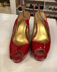 {{ClientCode}} RED GUESS PEEP TOE PUMPS, 7.5