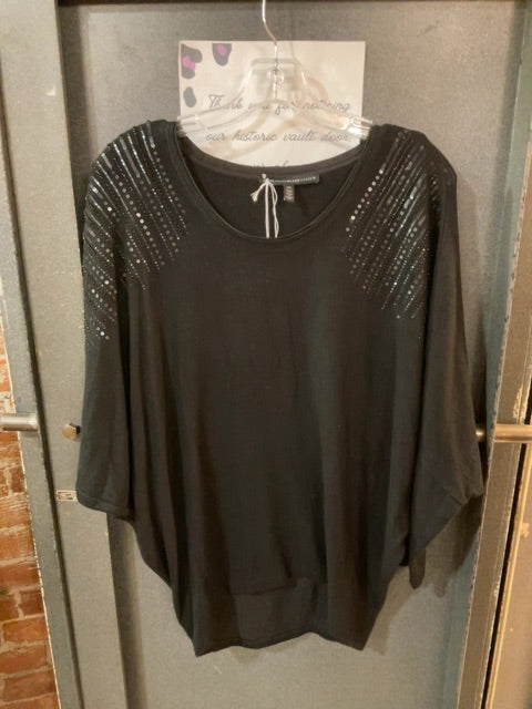 BLACK WHITE HOUSE BLACK MARKET DOLMAN FIT 3/4 SLEEVE LONG SLEEVE SHIRT W/ BEADED RHINESTONE NECK XS