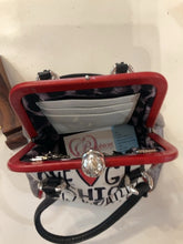 Load image into Gallery viewer, {{ClientCode}} Sil/red wht script BRIGHTON PURSE
