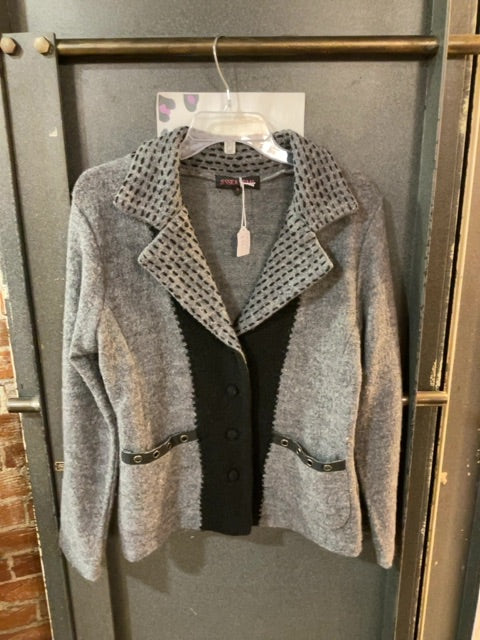 GRAY/BLACK JESSICA GRAAF COLLARED STITCHED CARDIGAN S