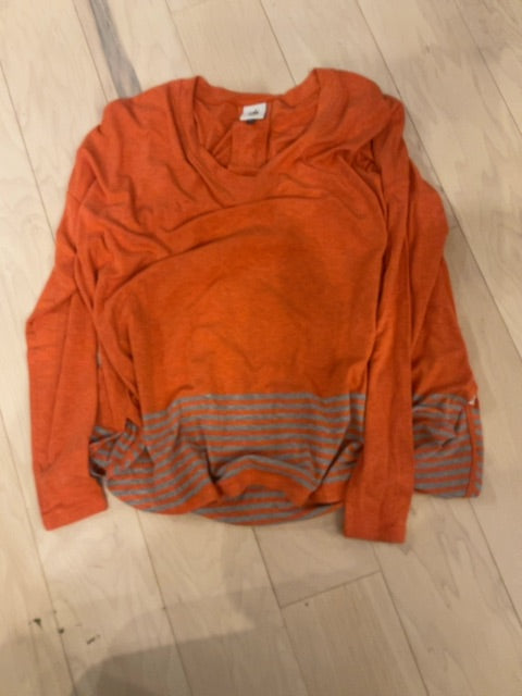 GRY/CORAL STRIPE CABI LONG SLEEVE TEE SHIRT S