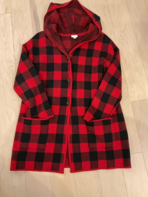 RED/BLK PLAID J JILL HOODED BUTTON CARDIGAN M