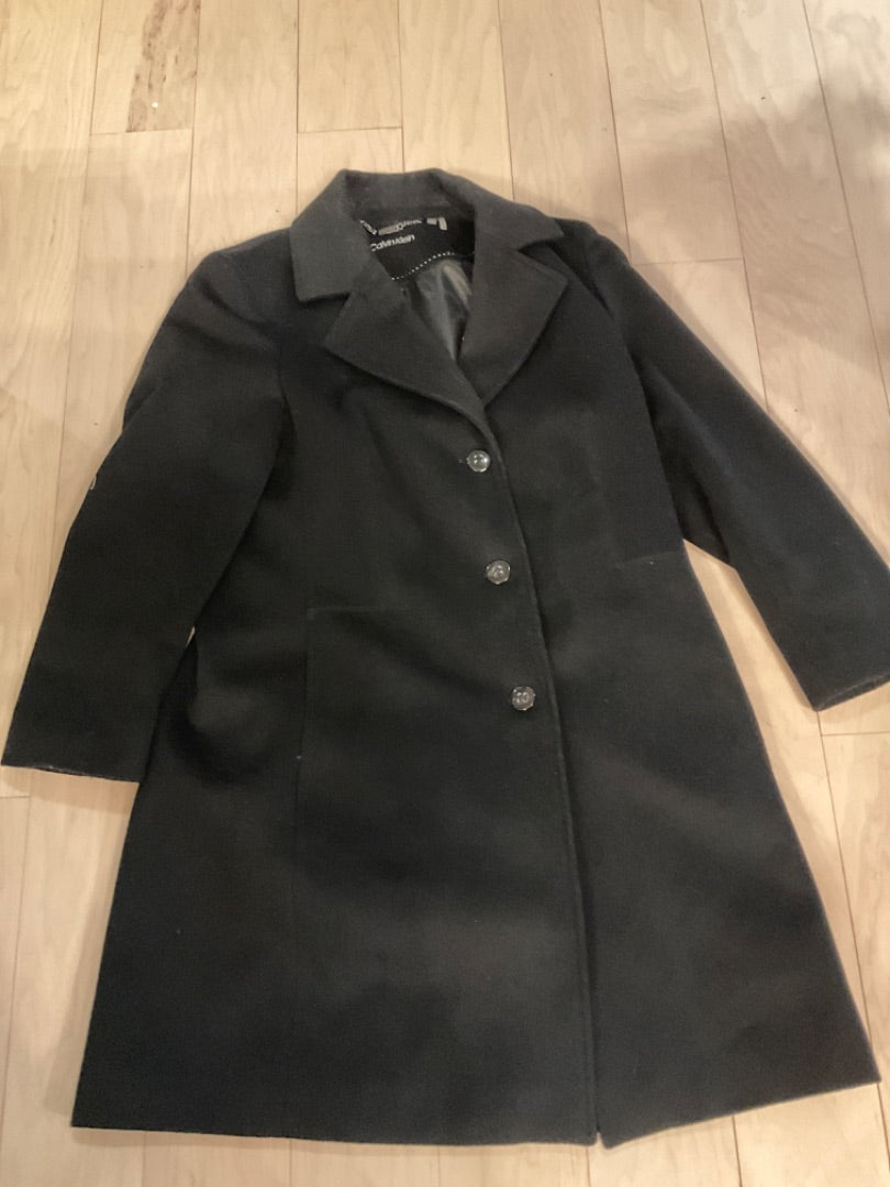 {{ClientCode}} BLK CALVIN KLEIN MID LENGTH COAT, 14