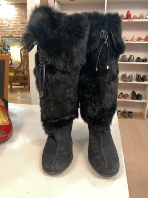 {{ClientCode}} BLACK COLE HAAN TALL FAUX FUR BOOTS, 8