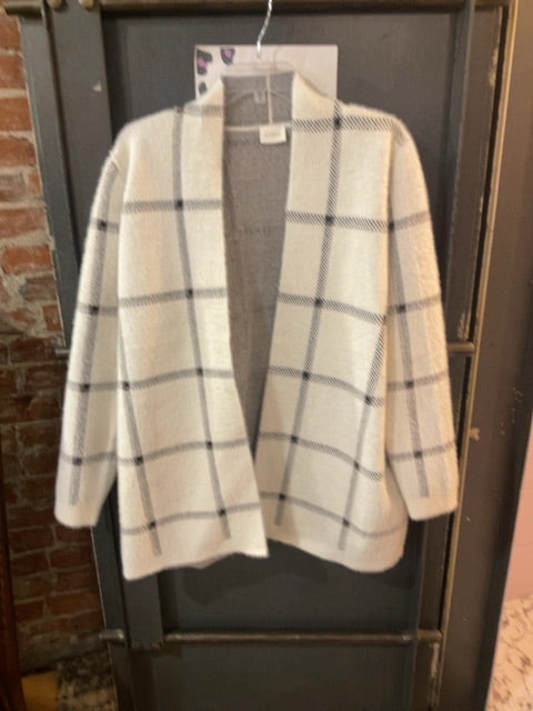 WHITE  CYRUS FUZZY KNIT WINDOWPANE OPEN FRONT CARDIGAN  XL