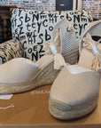 4 Inch Ivory Linen Ankle Wrap Wedge